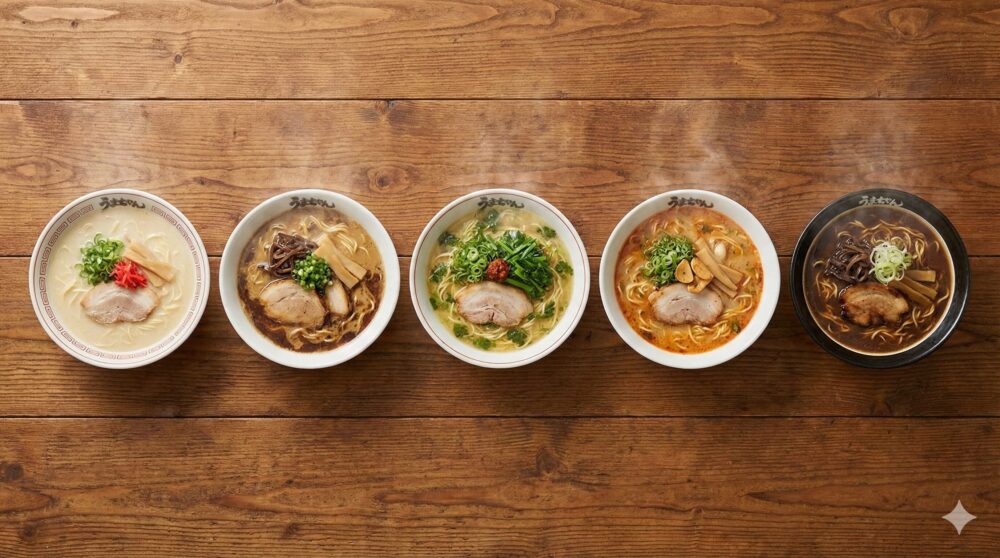 5つの異なる味のラーメンを並べた