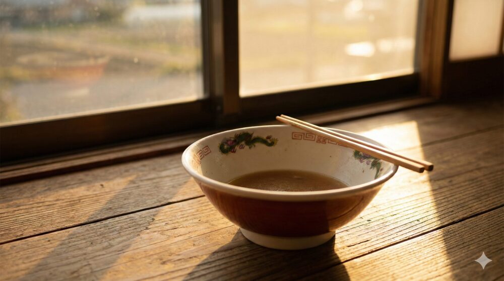 完食後の空の器と、窓辺の温かい光が「満足感」や「解決後の安心感」を表現しています。