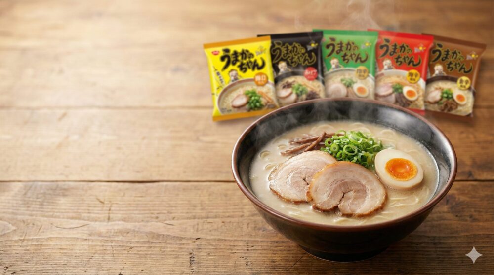 シズル感のあるラーメンを前面に出し、背景に5種類のパッケージを配置