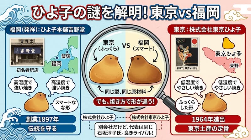 東京ひよ子と福岡ひよ子の歴史や形の違いの理由をまとめた解説図解