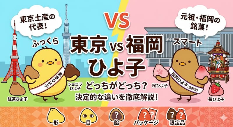 東京ひよ子と福岡ひよ子の見た目とパッケージの比較画像