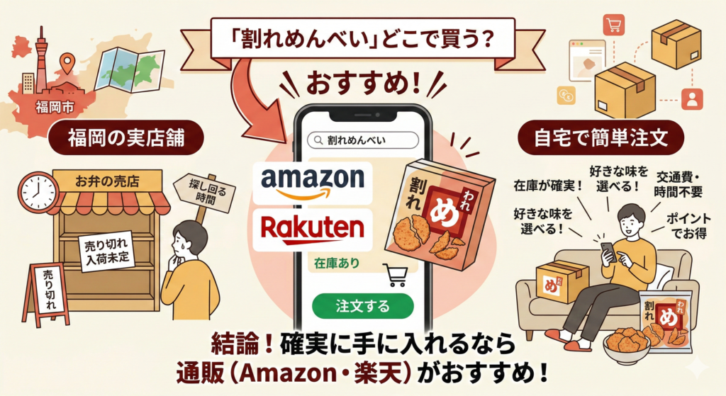 「割れめんべい（われせん）」の購入方法まとめインフォグラフィック。福岡の実店舗と通販（Amazon・楽天）を比較し、確実に手に入れるなら通販がおすすめと結論づけている。