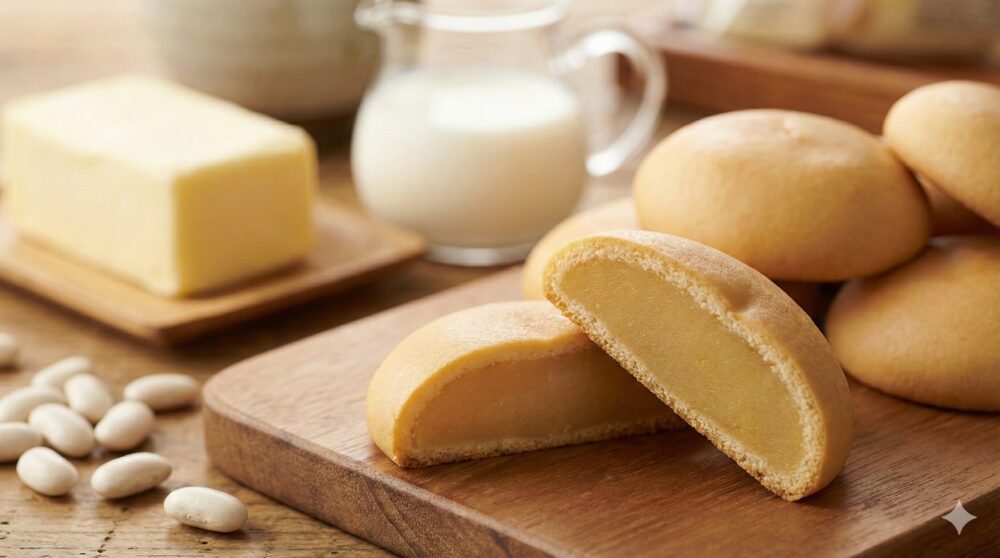 博多通りもんの断面。なめらかな黄味餡と、背景にあるバターやミルク。