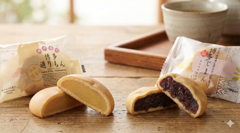 博多通りもんと博多じまんの比較。それぞれの断面とパッケージの様子。