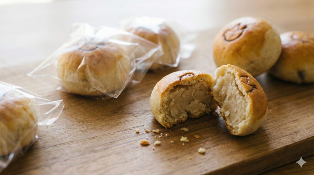 アウトレット商品（簡易包装）と、割った饅頭の断面。