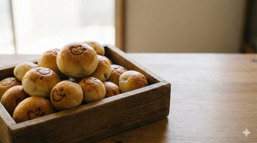 木箱に山積みにされた千鳥饅頭。