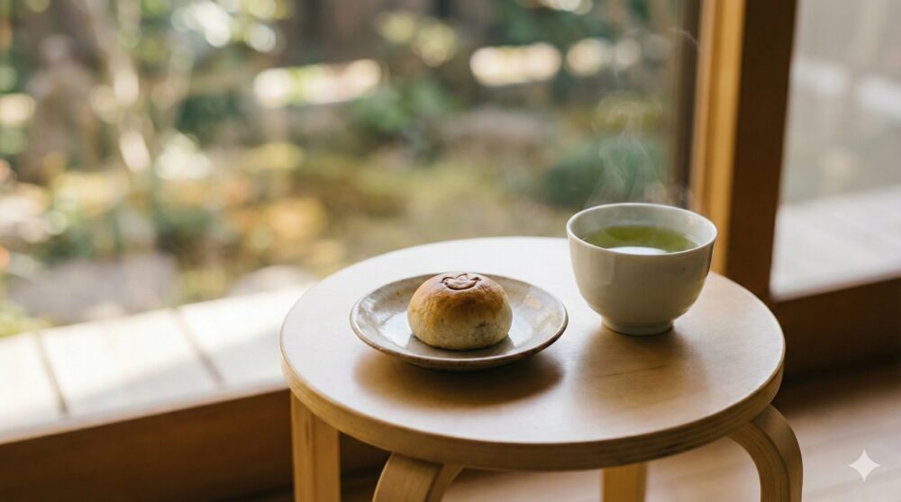 窓辺で緑茶と共に千鳥饅頭を楽しむ、穏やかなシーン