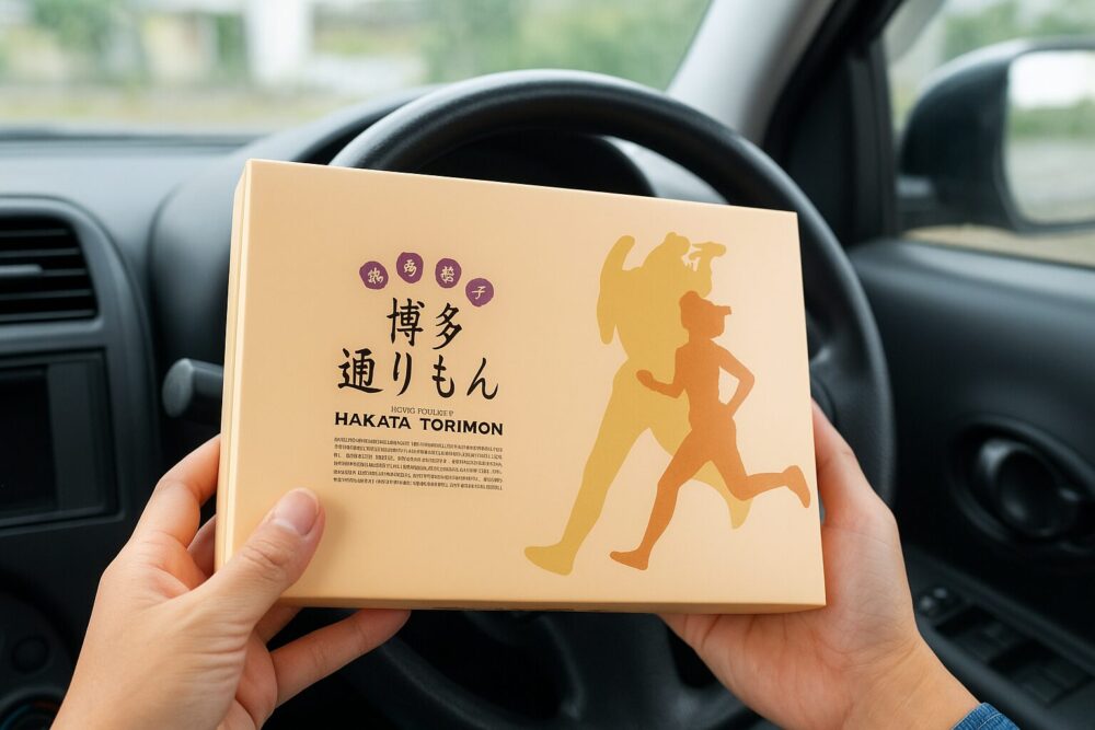 車で博多通りもんを持っている