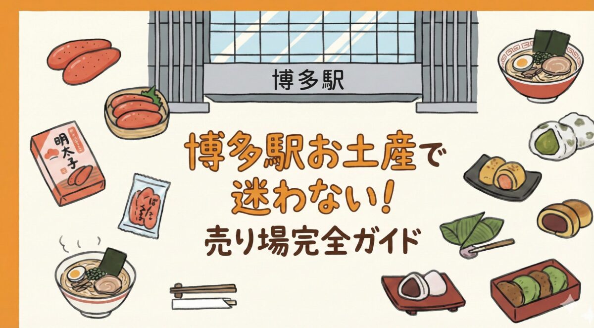 博多駅の駅舎とお土産イラスト