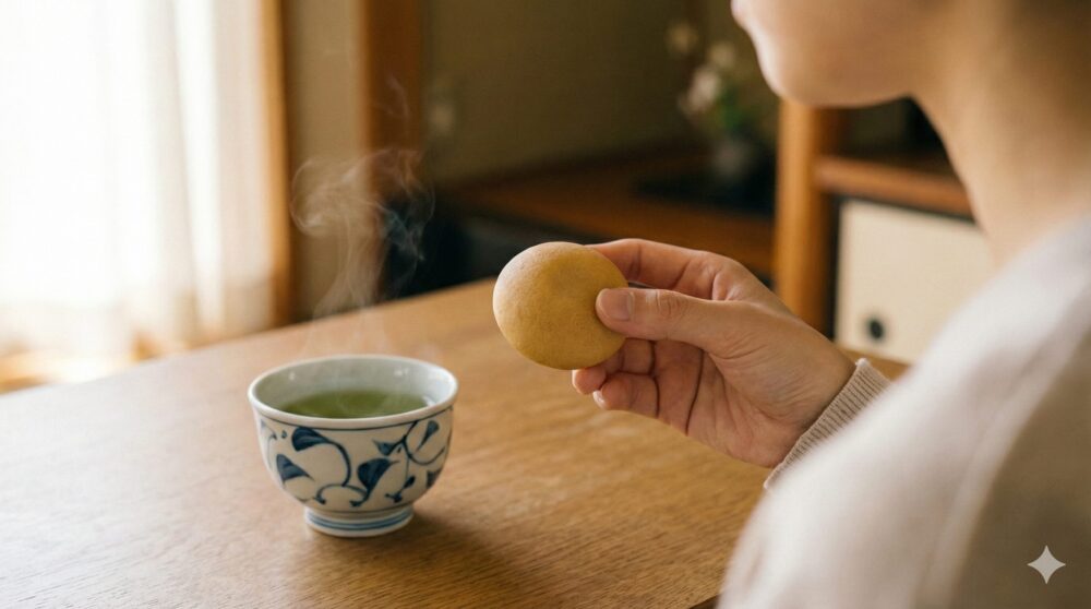 「博多通りもん」を手に持ち、お茶と一緒に楽しむリラックスした様子