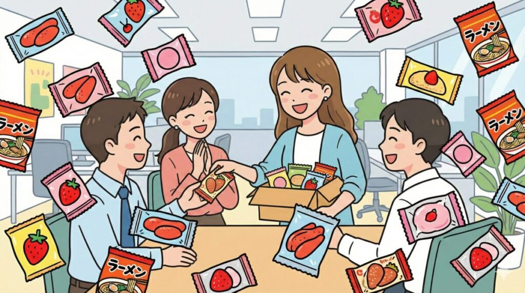 職場のオフィスで、同僚たちに福岡で買ったばらまき土産を配って喜ばれているシーンのイラスト