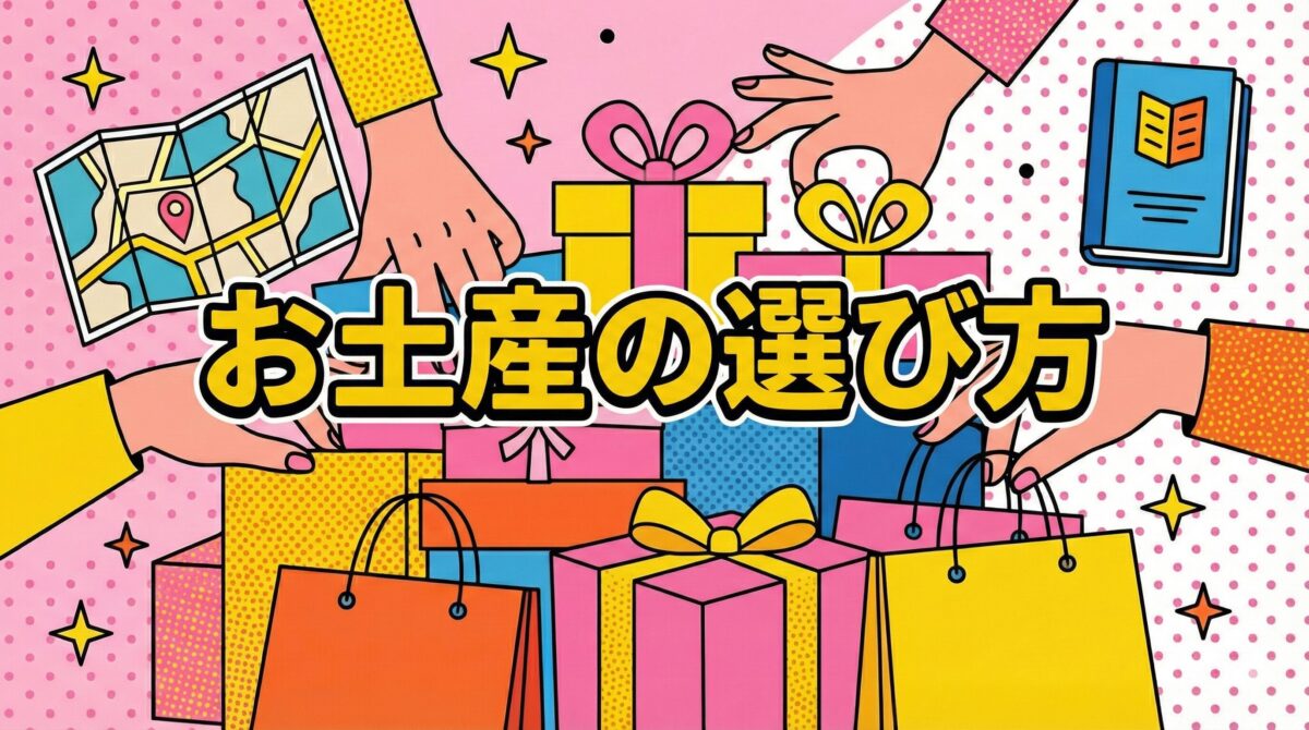 「お土産の選び方」のポップなアイキャッチ