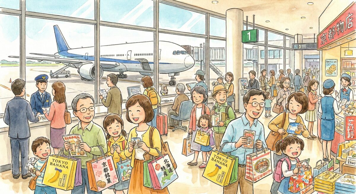 たくさんの人が福岡空港のお土産売り場にいる様子