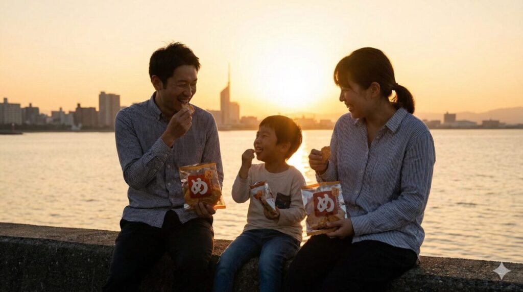 夕暮れの博多湾で、家族がめんべいを食べながらくつろぐ様子