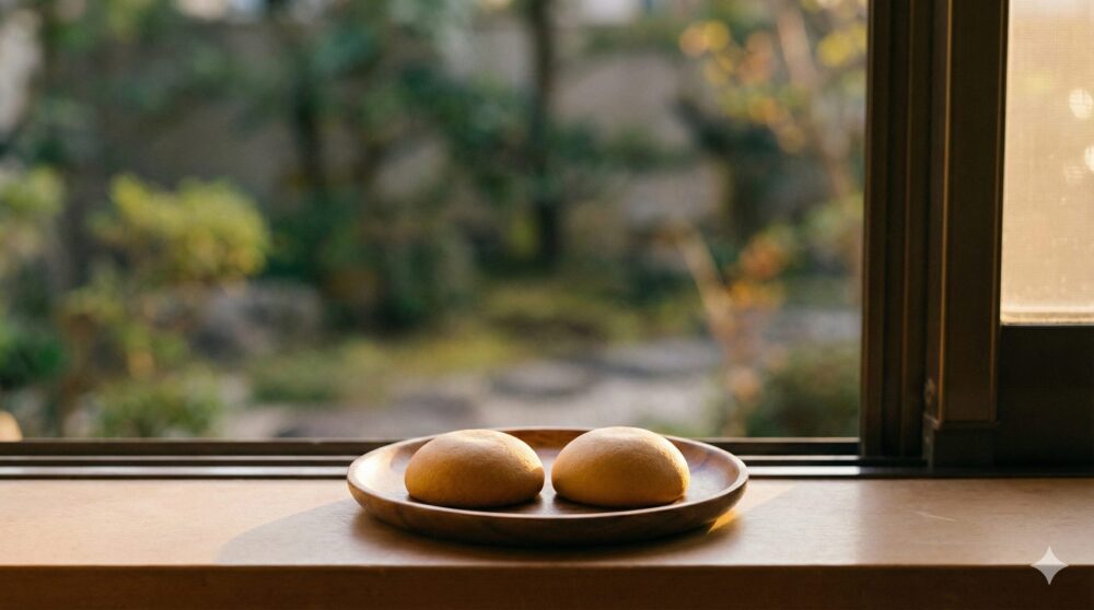 夕暮れの縁側で、2つのお菓子が並んでいる様子